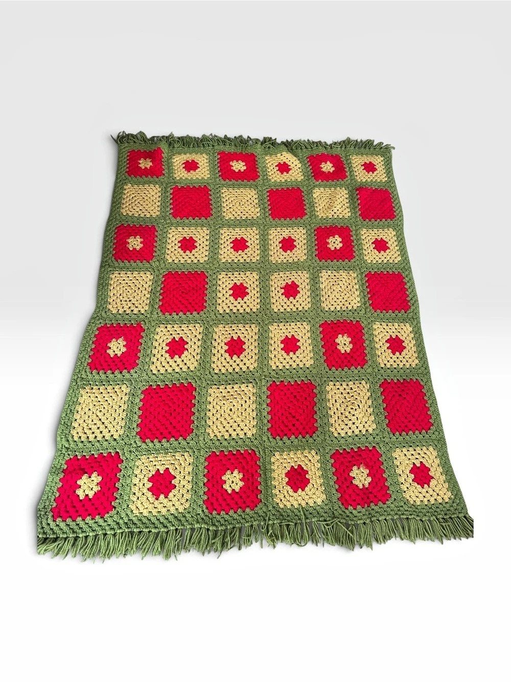 Vintage Green, Yellow & Red Crochet Throw Blanket